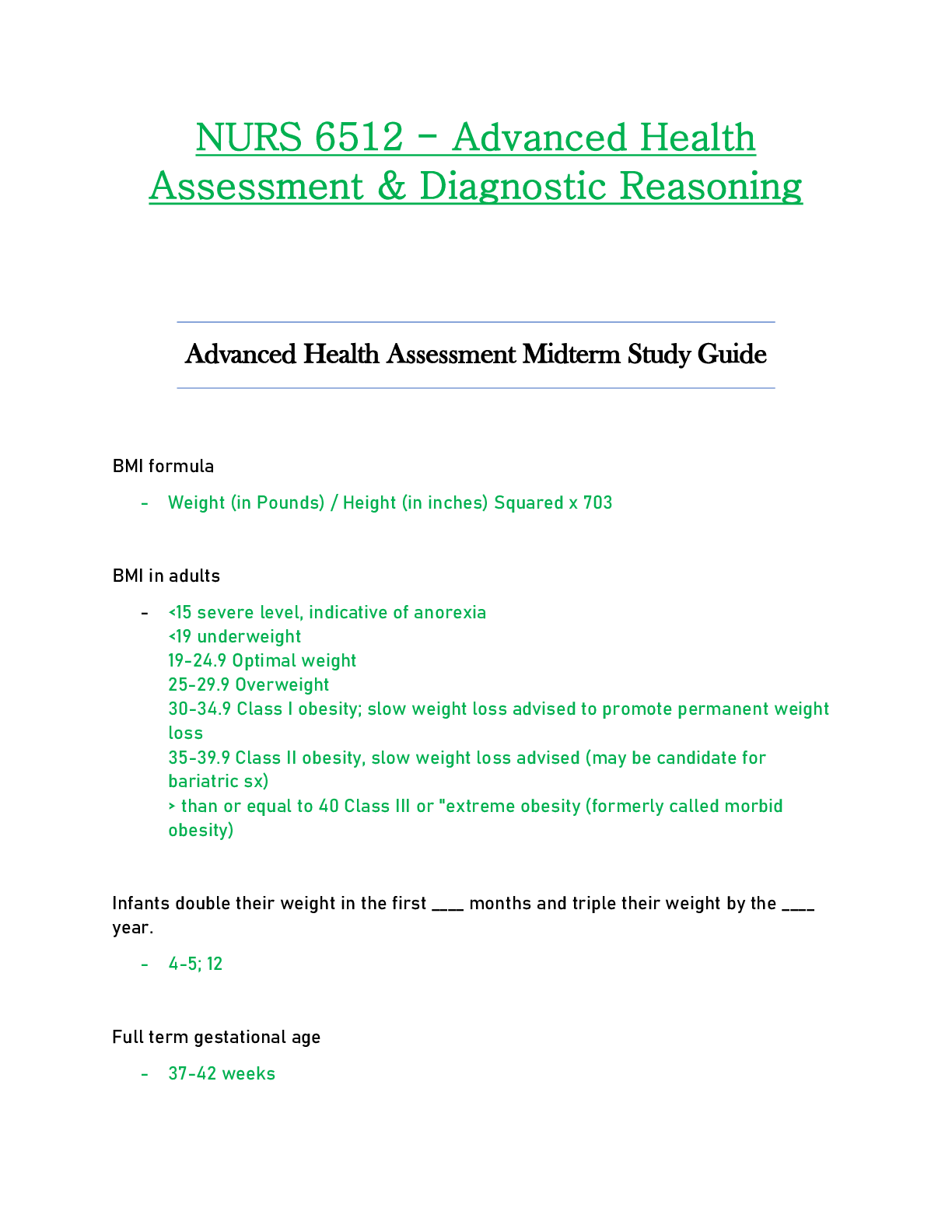 Preview of NURS 6512 / NURS6512 Midterm Study Guide (Latest): Advanced Health Assessment and Diagnost